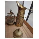 Brass Decorative Pitcher, Birdcage, and Table Bell