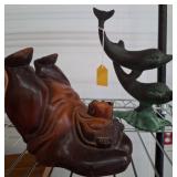 Cast Dolphin Sculpture and Reclining Bear Figure