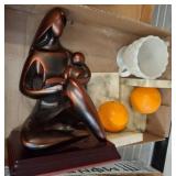 Abstract Figurine, Marble Bookends, Milk Glass Cup