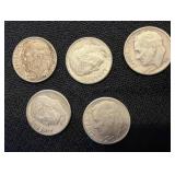 Five Pre-1965 Roosevelt Silver Dimes