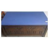 Wood Bench With Storage and Blue Upholstered Top