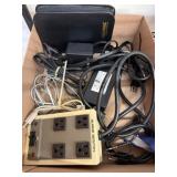 Boxed Lot of Tools, Cords, and Power Strip
