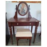 Wood Vanity Table with Stool and Oval Mirror