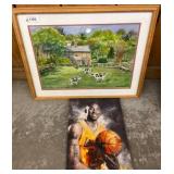 Framed Farm Scene Watercolor and Basketball Portra