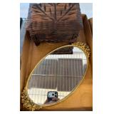 Carved Wooden Box and Oval Gilt Mirror