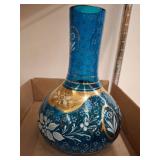 Blue Glass Vase with Gold and Floral Accents