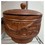 Lidded Carved Wood Bowl with Decorative Detailing