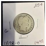 1898-O Barber Quarter in Stapled Holder