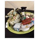 Green Wicker Basket with Various Household Items