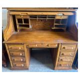 Oak Roll-Top Desk With Multiple Drawers