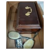 Wood Vanity Box and Silver-Tone Dressing Brushes