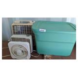 Sterilite Bin with Box Fans and Table Fan