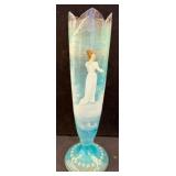 Hand-Painted Blue Glass Vase with Scenic Design