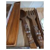 Carved Wooden Salad Servers with Tray