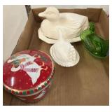 Ceramic Duck, Plastic Hens, and Tin Box Lot
