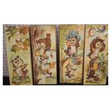Four Owl-Themed Wall Art Prints on Wood