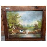 Framed Landscape Oil Painting With Rustic Cabin w1