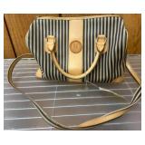 Striped Canvas Handbag with Leather Trim