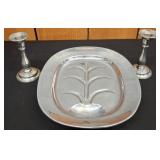 Aluminum Serving Platter and Two Candlesticks