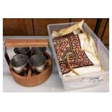 Wood Carrier with Metal Cups and Embroidery Items