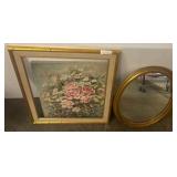 Framed Floral Painting and Round Gold Mirror