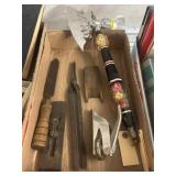 Box Lot of Mixed Tools and Decorative Hatchet
