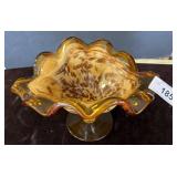 Amber Pedestal Glass Compote With Swirled Design