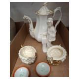 Porcelain Teapot Set with Figurine and Gold Accent