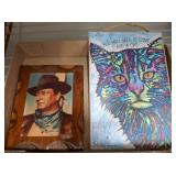Framed Western Artwork and Cat-Themed Plaque