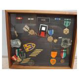 Wood-Framed Military Medal and Patch Display