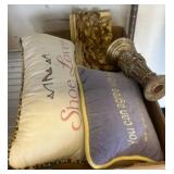 Box Lot with Pillows and Gold-Tone Decor Items