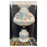 26in Glass Lamp with Floral Design and Brass Base