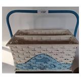 Painted Woven Basket with Blue Wooden Handle