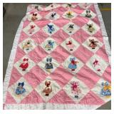 Handmade Appliqued Quilt with Pink Sunbonnet Desig
