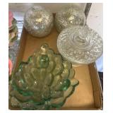 Glass Decor Lot with Leaf Dish and Lidded Bowl