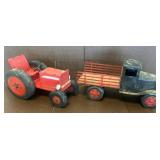 Vintage Painted Metal Tractor and Truck Set