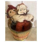 Cloth Rag Dolls in Wooden Basket