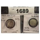 1927 British Sixpence and India 1/4 Rupee Coins