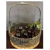 Metal and Wicker Basket with Faux Grapes