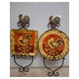 Two Ceramics Plates with Rooster Motifs on Stands