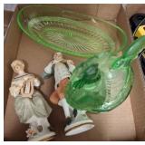 Green Glassware and Norleans Figurines