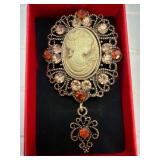 Cameo Brooch with Rhinestones and Drop Pendant
