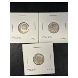 Three silver ï¿½1962-D Roosevelt Dimes Labeled UNC