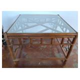 Glass-Top Wooden Table with Bamboo-Inspired Design