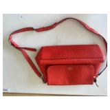 Red Pebbled Leather Shoulder Bag with Flap Closure