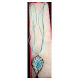 Glass Pendant Necklace with Blue Ribbon Cord