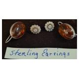 Sterling Silver and Amber Earrings Pair