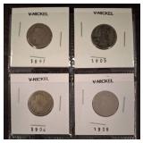 Four V-Nickel Coins, 1897ï¿½1908