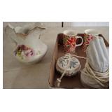 Ceramic Pitcher, Floral Mugs, and Decorative Items