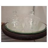 Cut Glass Jars with Lids and Round Mirrored Base